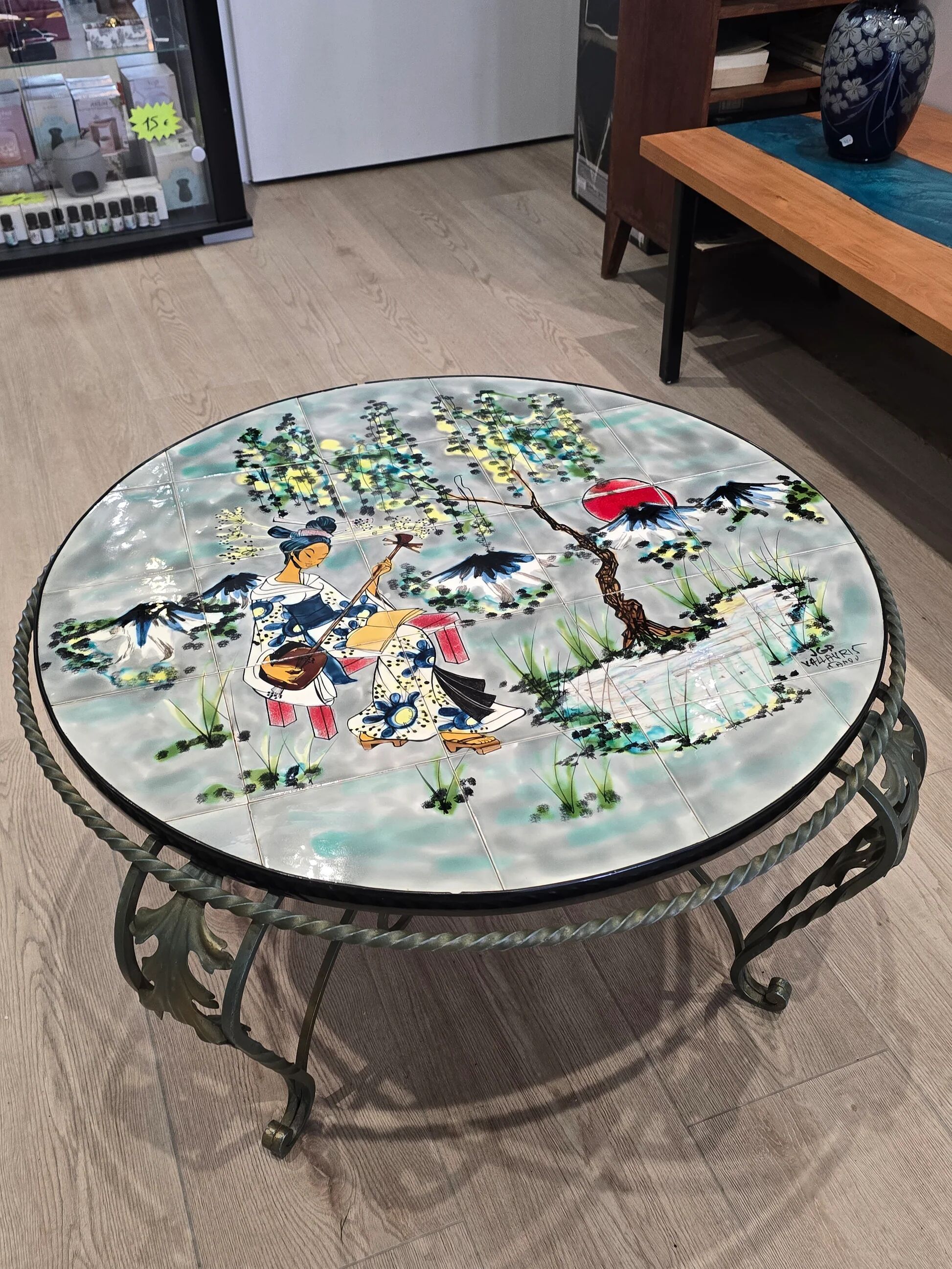 Vintage coffee table J&G Picard Vallauris – Glazed ceramic top with Japonese-style decoration