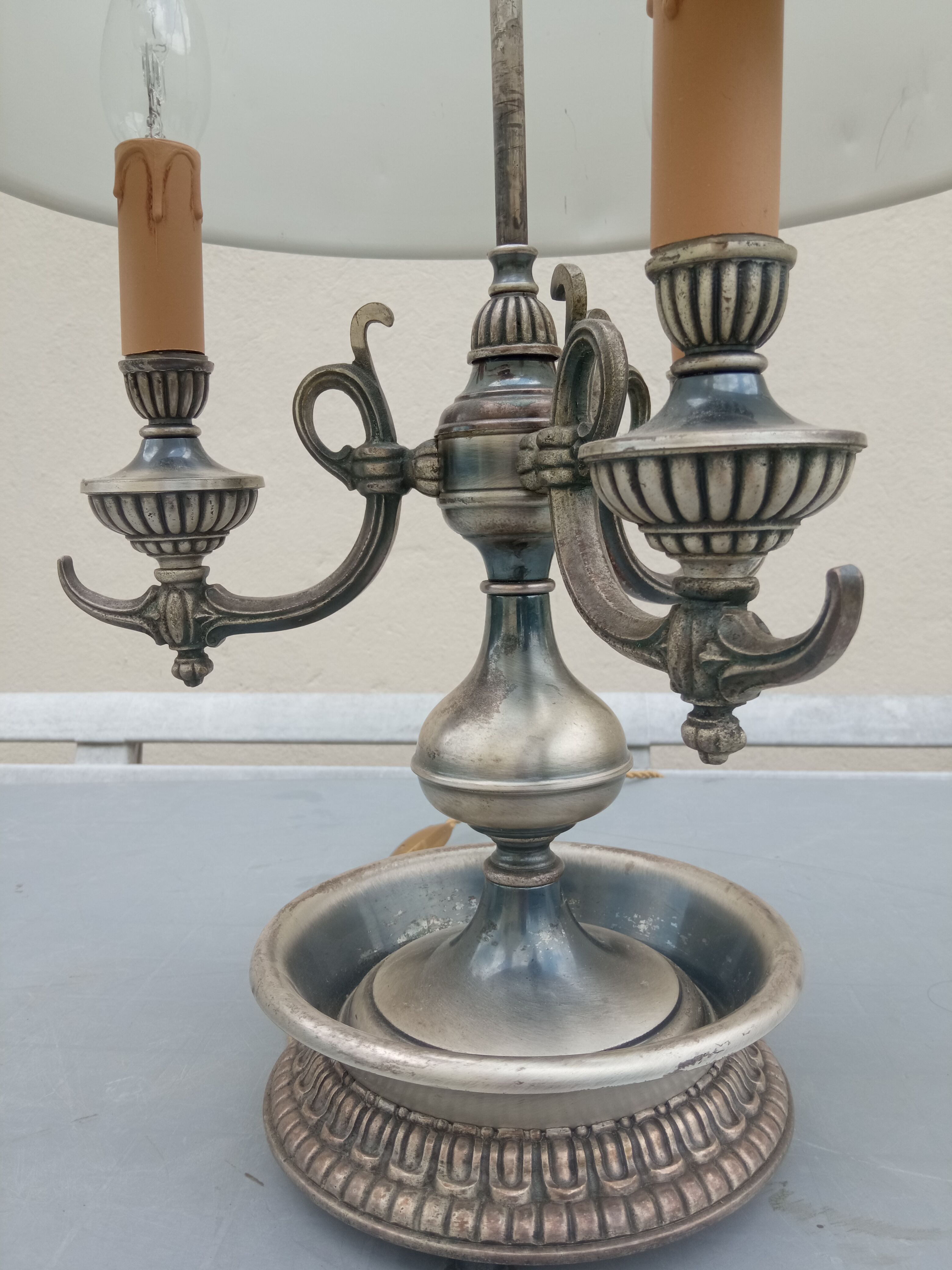 Hot water bottle lamp 3 lights silvered metal aged lampshade sheet metal (74cm)