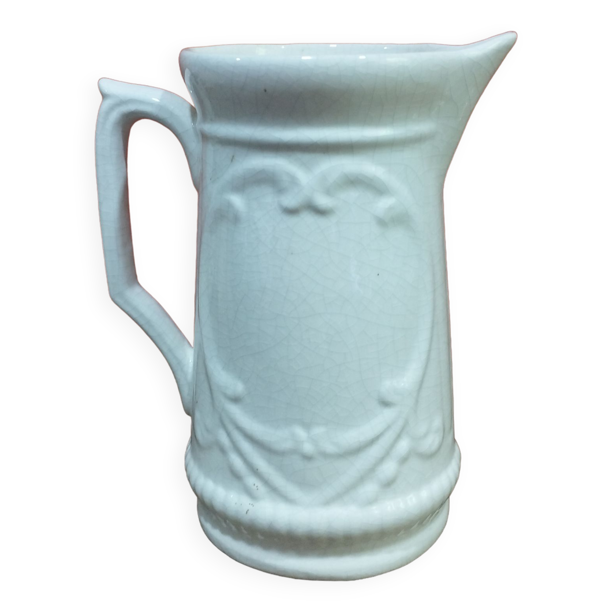 Signed cracked ceramic water pitcher - white - shabby style