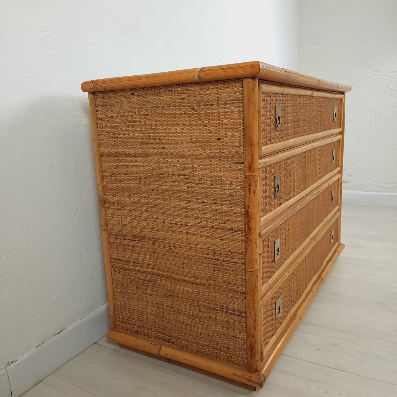 Chest of drawers, dresser, 1960s, Dal vera, bamboo and wicker, brass handles