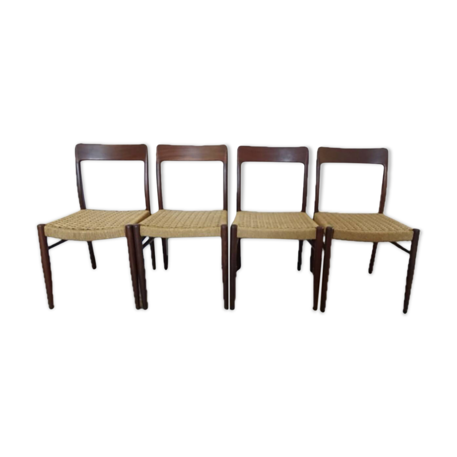 Set of 4 teak and rope chairs from the 60s