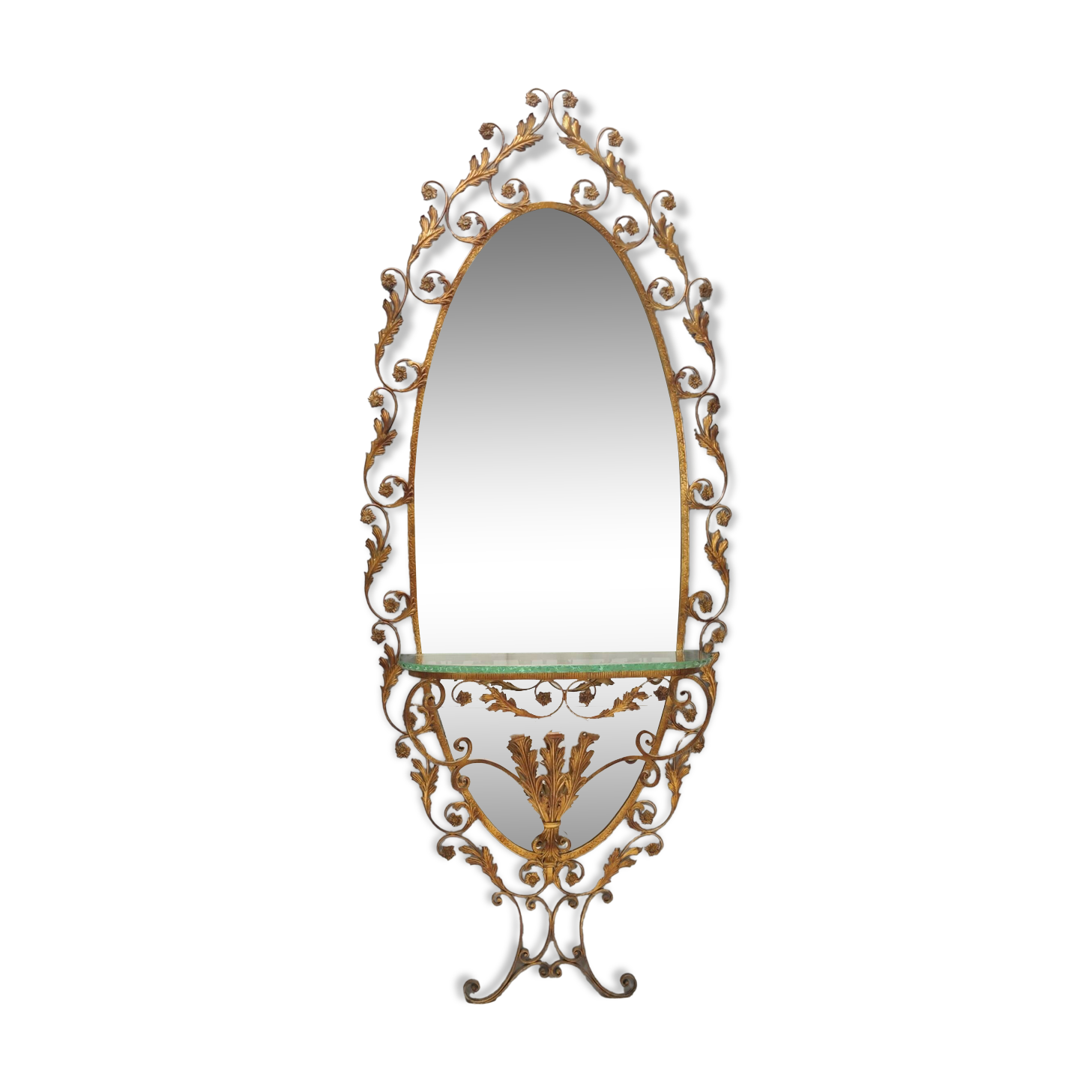 Entryway Mirror and Brass and Glass Console by Pierluigi Colli with Floral Frame