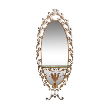 Miroir d'entrée et console en laiton et verre de Pierluigi Colli avec cadre floral