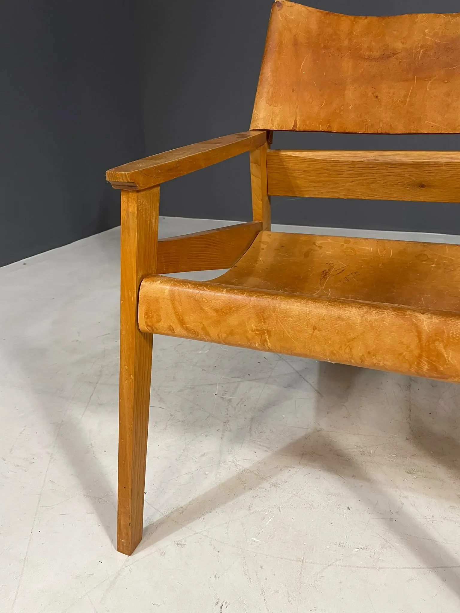 Pair of vintage wooden armchairs with leather upholstery, 20th century, 75 × 56 × 65 cm