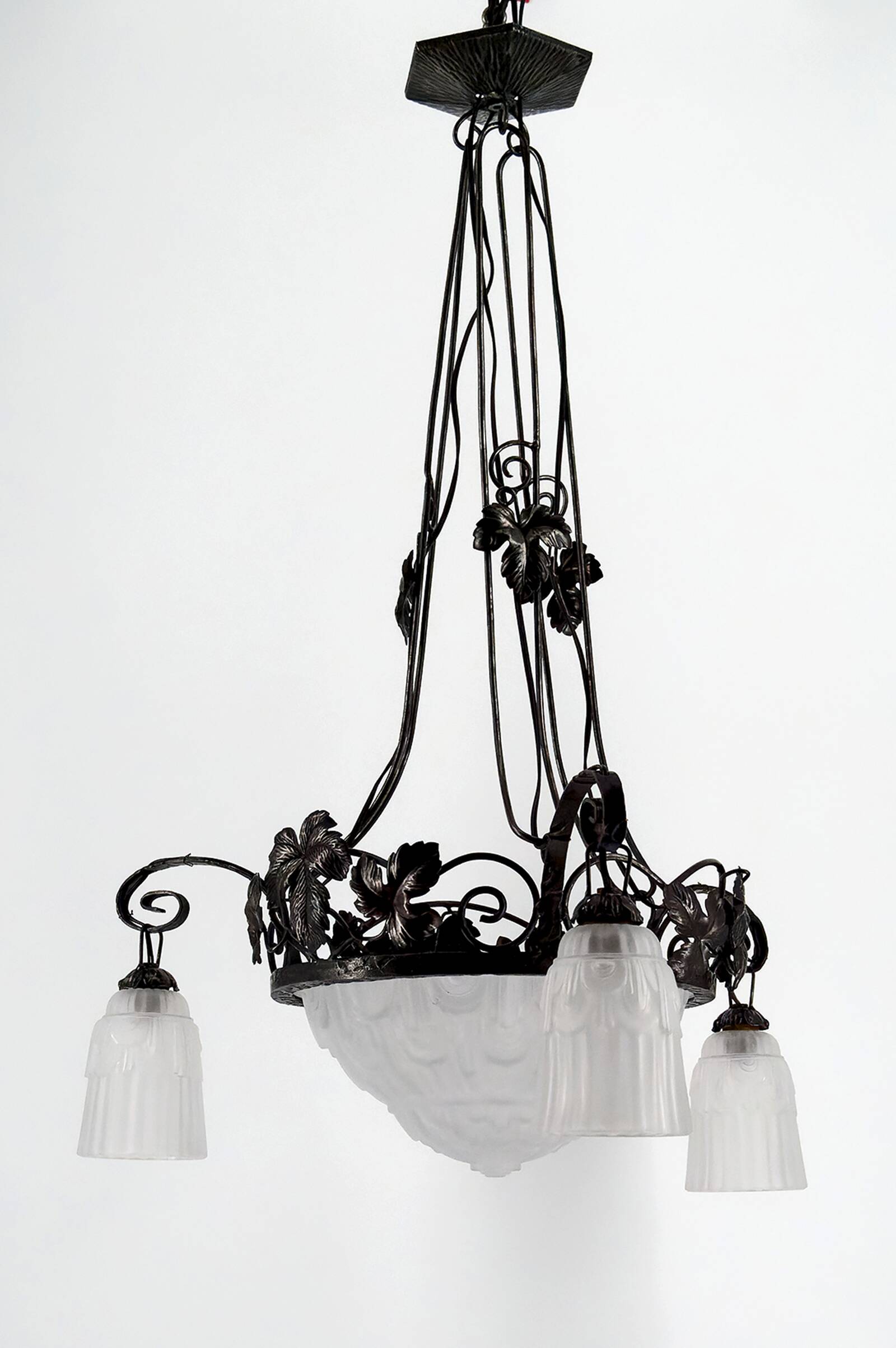 Wrought iron chandelier, tulips / pressed-molded glass bowl, Art Deco, 1930