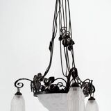 Wrought iron chandelier, tulips / pressed-molded glass bowl, Art Deco, 1930