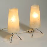 Two very Mid Century Modern tripod table lamps with white plexiglas shades