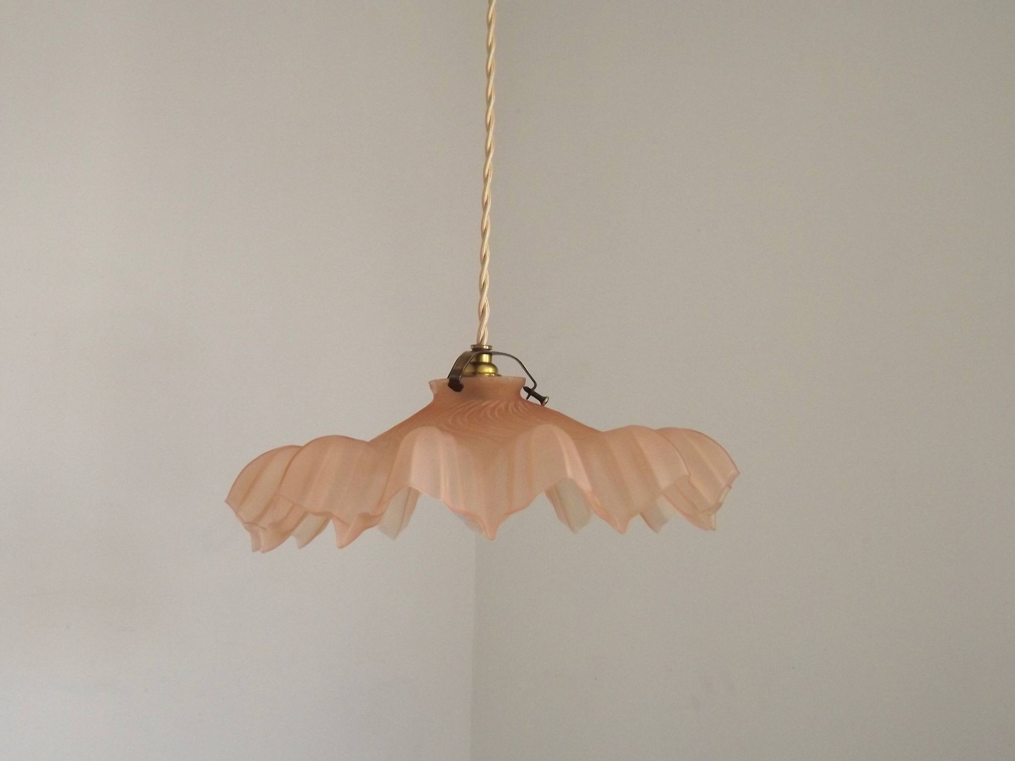 French Vintage 1930s Pink Frilled Glass Shade Hanging Light Brass Fittings