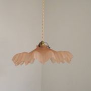 French Vintage 1930s Pink Frilled Glass Shade Hanging Light Brass Fittings