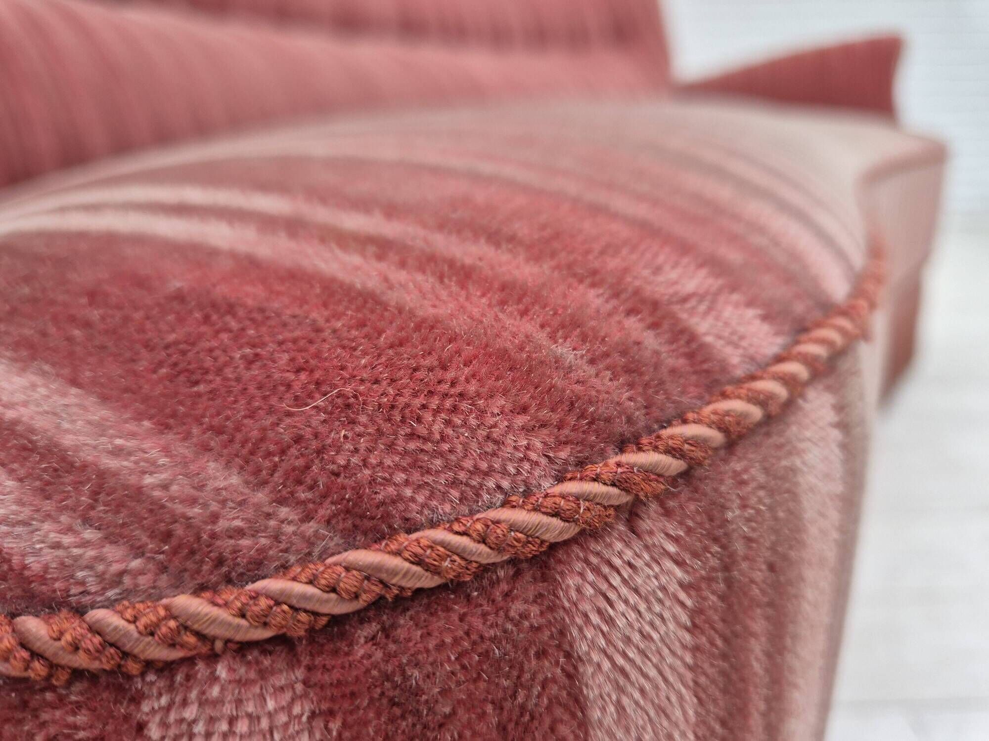 1960s, Danish 3-seater curved sofa, pink-salmon furniture velour, original.