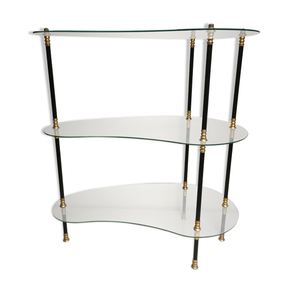 Présentoir vintage 1950 /  1960, table rognon d appoint , étagères en verre