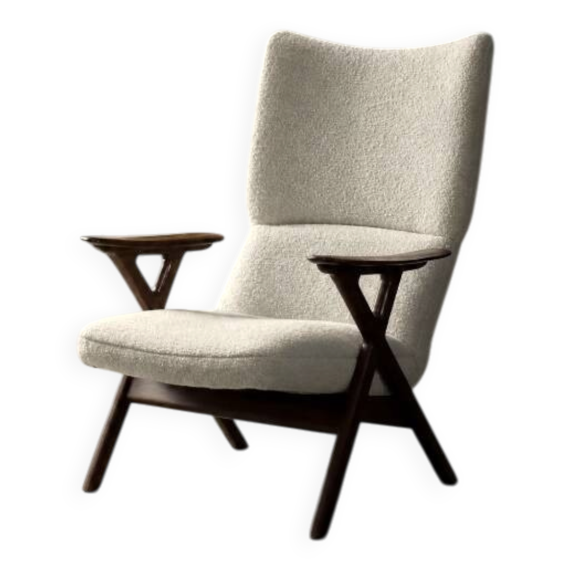 Vintage Mid-Century Norwegian Modern Teak & Boucle Fabric High Lounge Chair