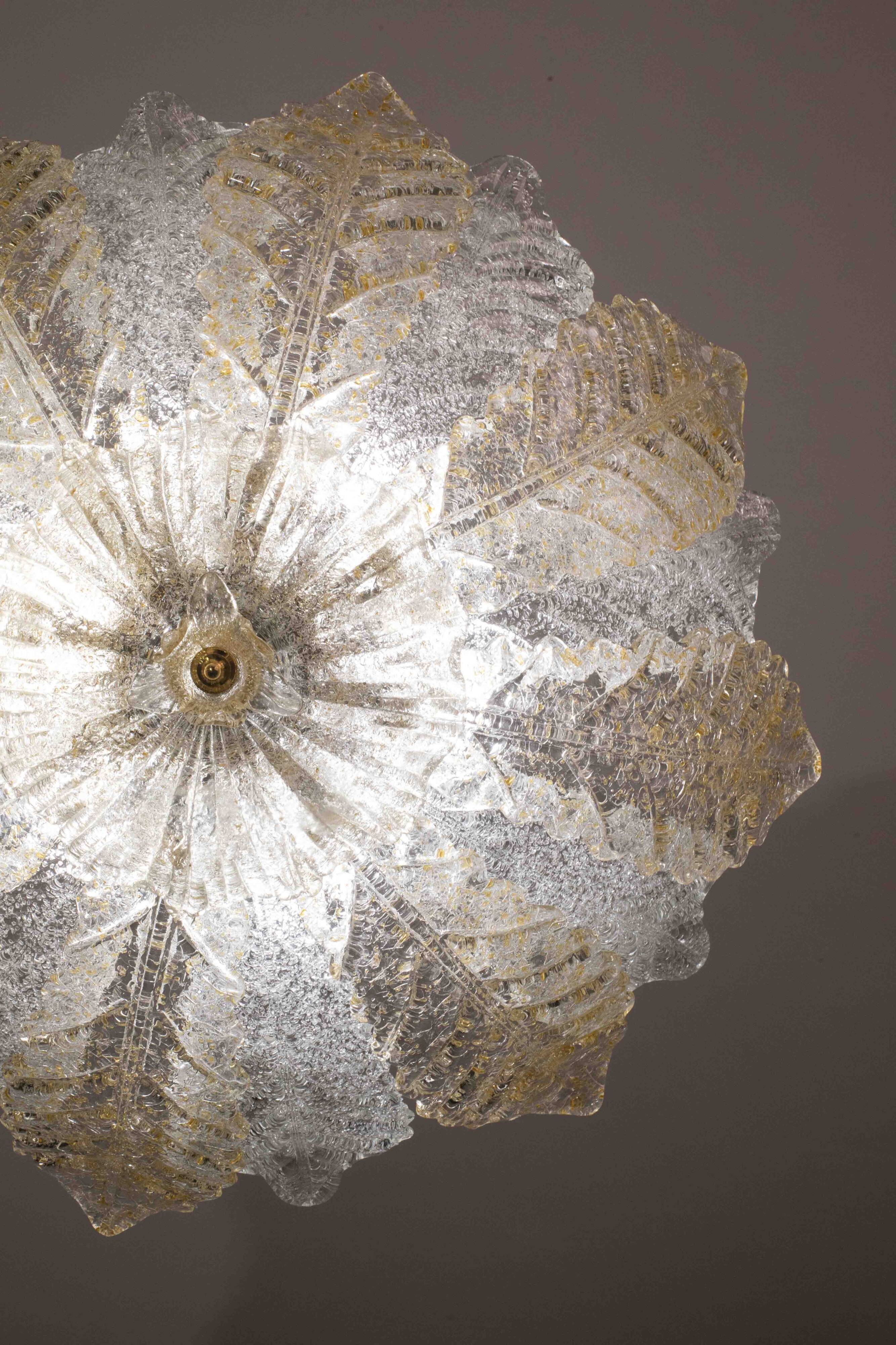 Murano Glass Gold and Transparent Leaves Chandelier or Flush Mount, 1970s