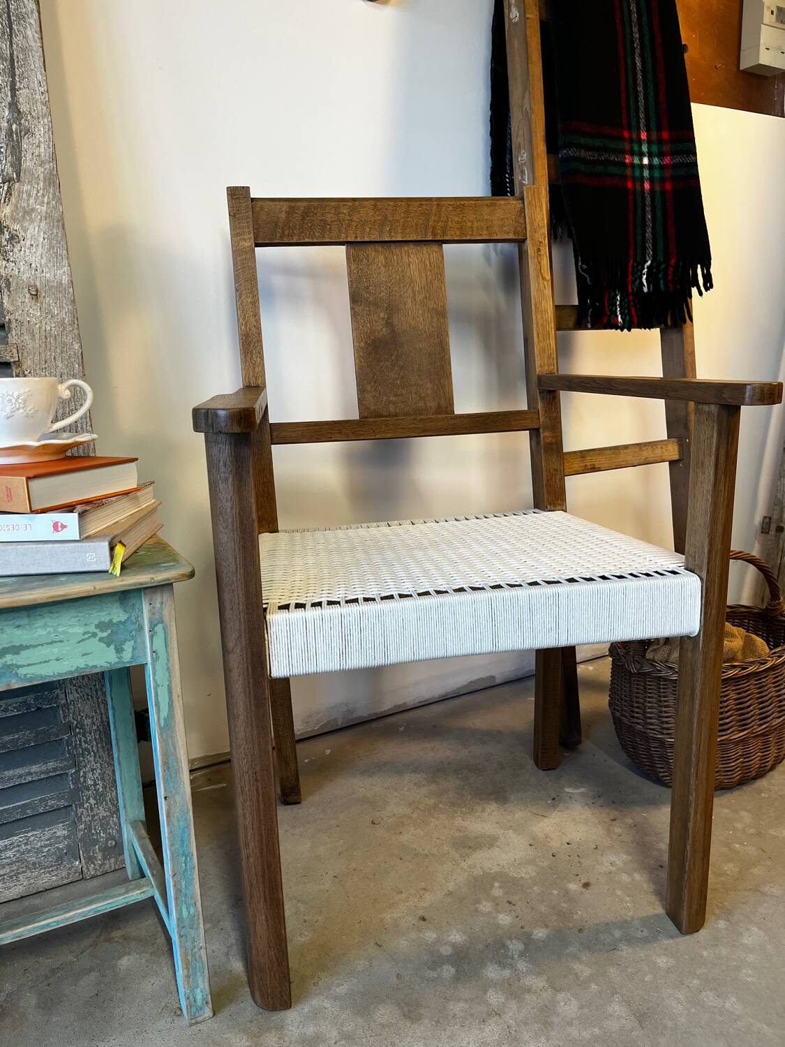 Oak armchair with woven seat