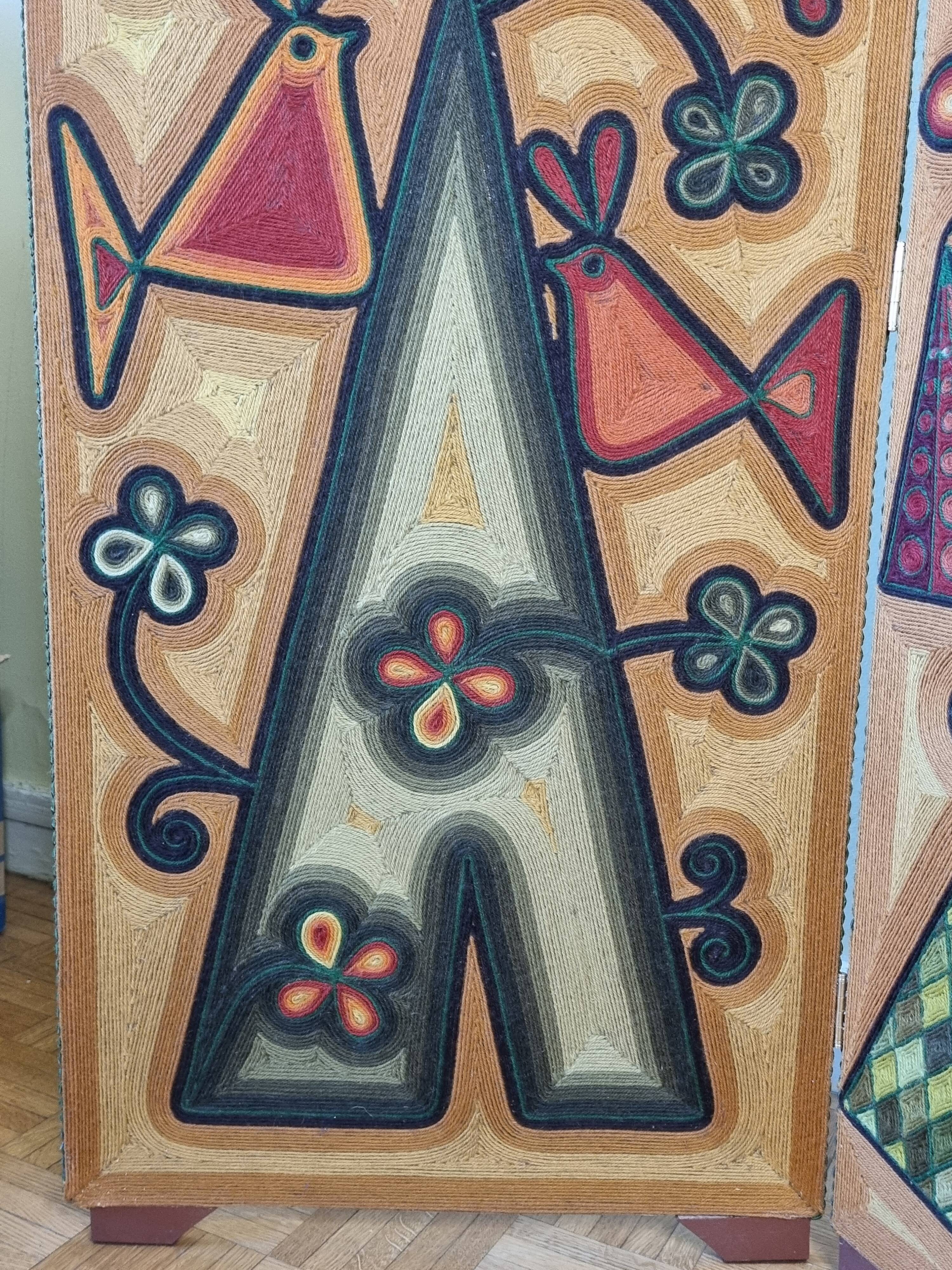 Screen decorated with wool threads, “Huichol” art, Sofia Ribeira, 124 cm