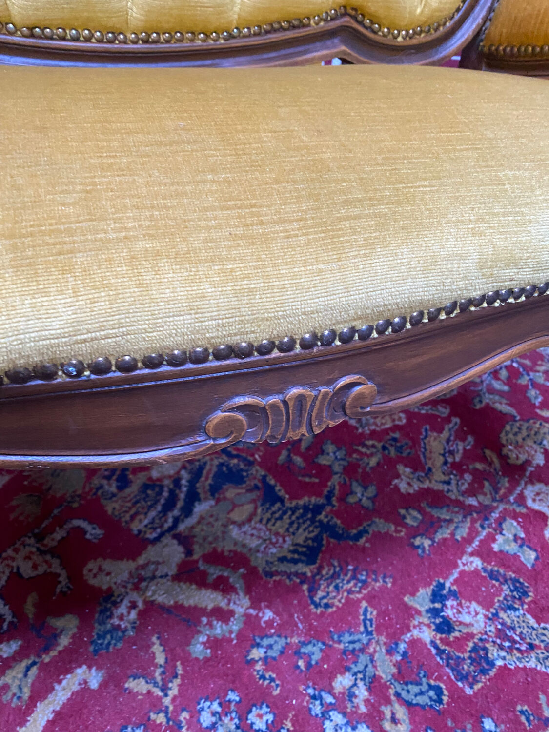 Louis XV style bench upholstered yellow velvet