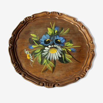 Small round wooden serving tray, handpainted, vintage from the 1960s