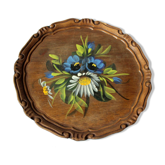 Small round wooden serving tray, handpainted, vintage from the 1960s