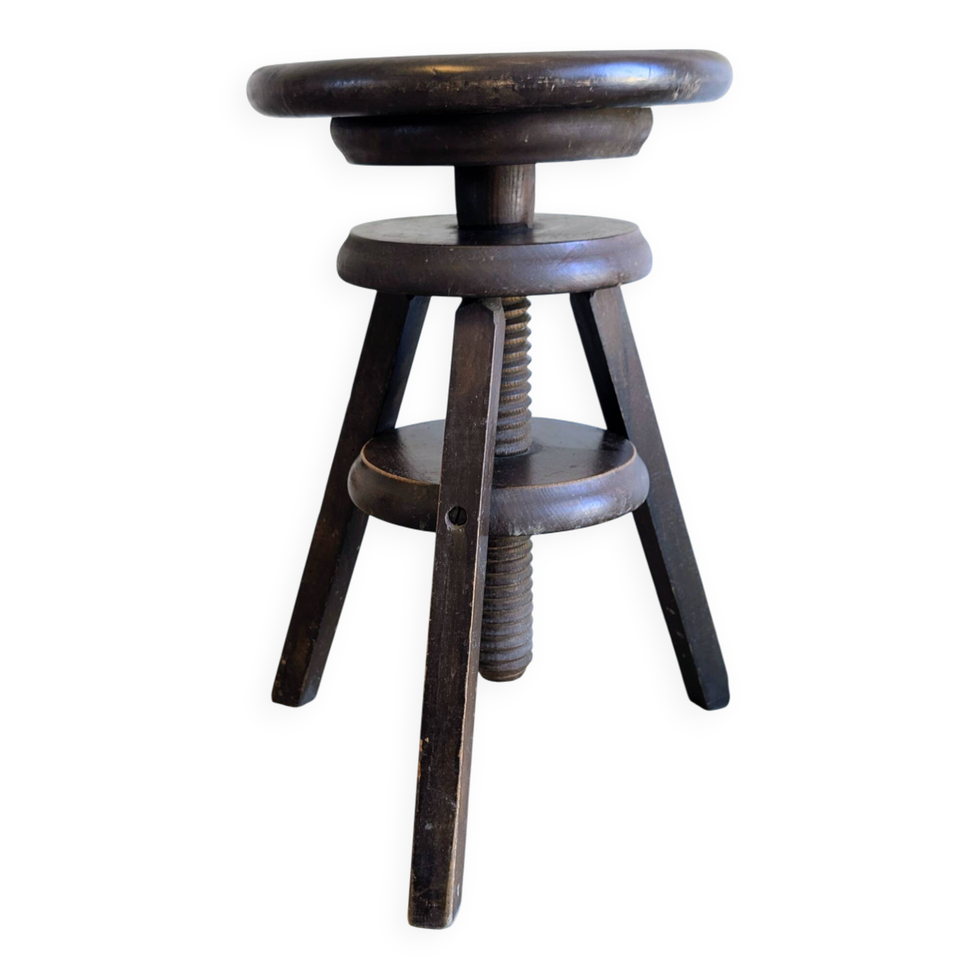 Antique wooden watchmaker's stool with screws, patinated wood.