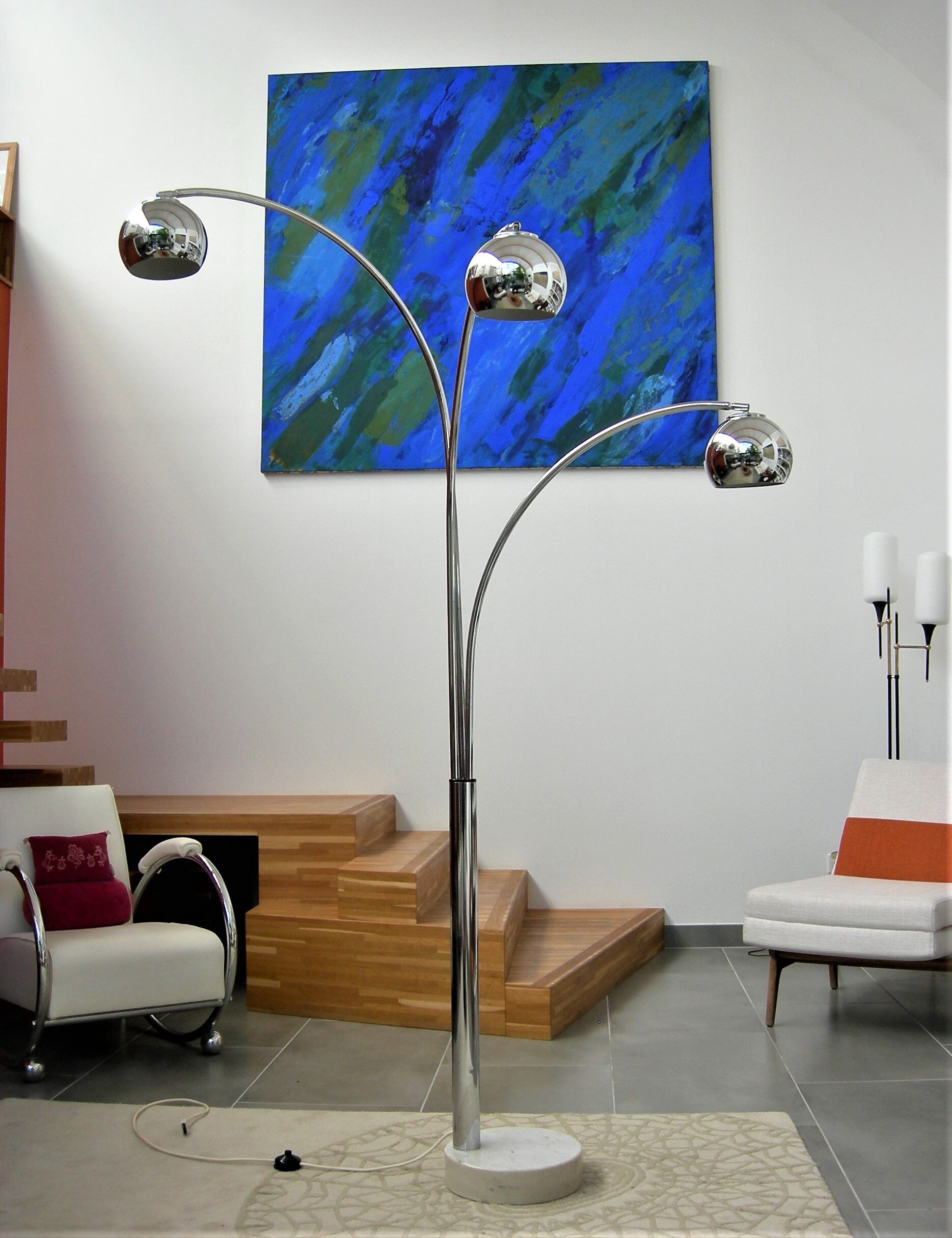 Floor lamp Chromed thrush three branches very 70s by Goffredo Reggiani