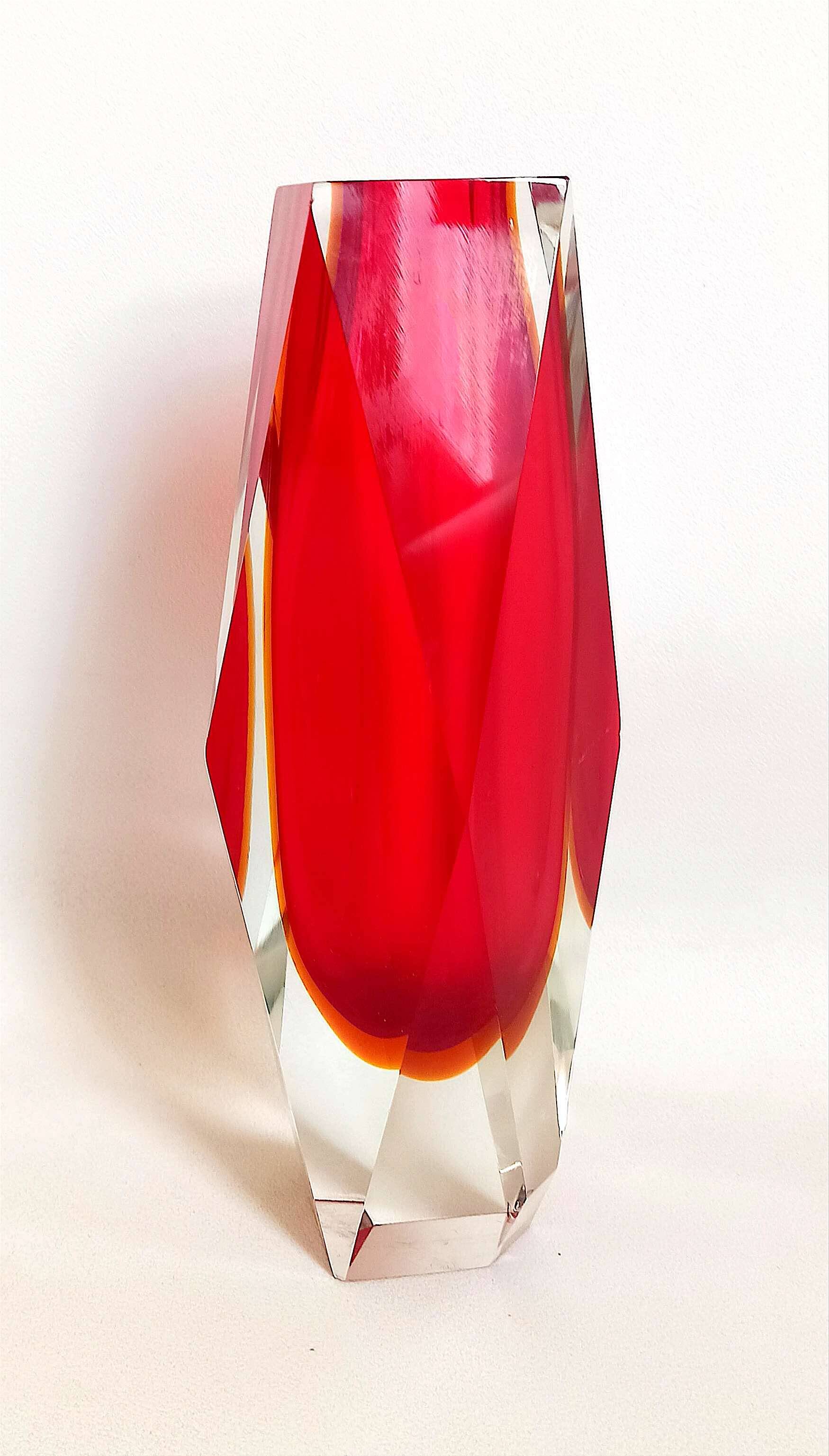 Bright red Murano Sommerso faceted vase 1960s Height 30 cm