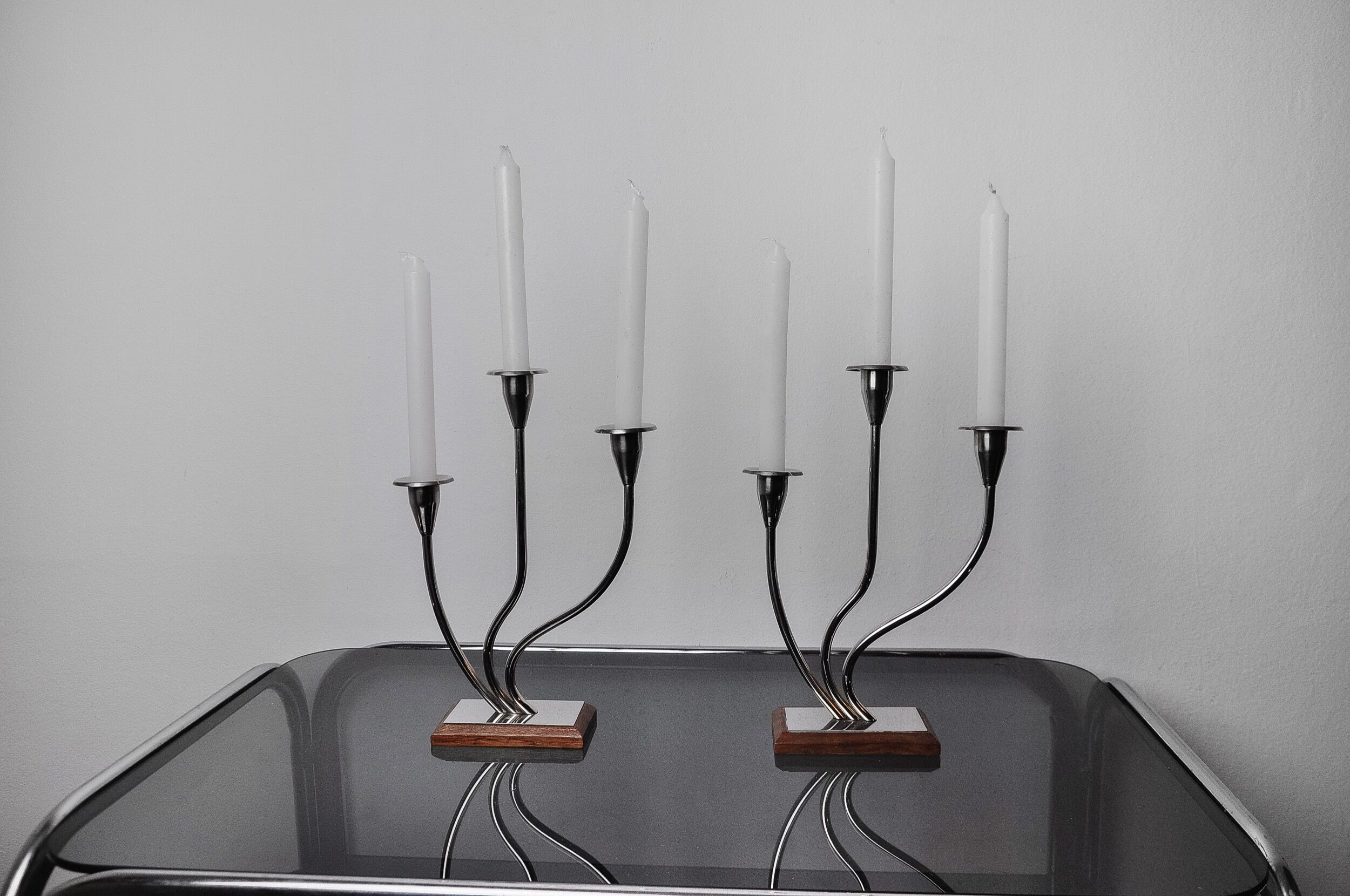 Pair of art deco candle holder in stainless steel 3 flames, Spain, 1970