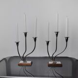 Pair of art deco candle holder in stainless steel 3 flames, Spain, 1970