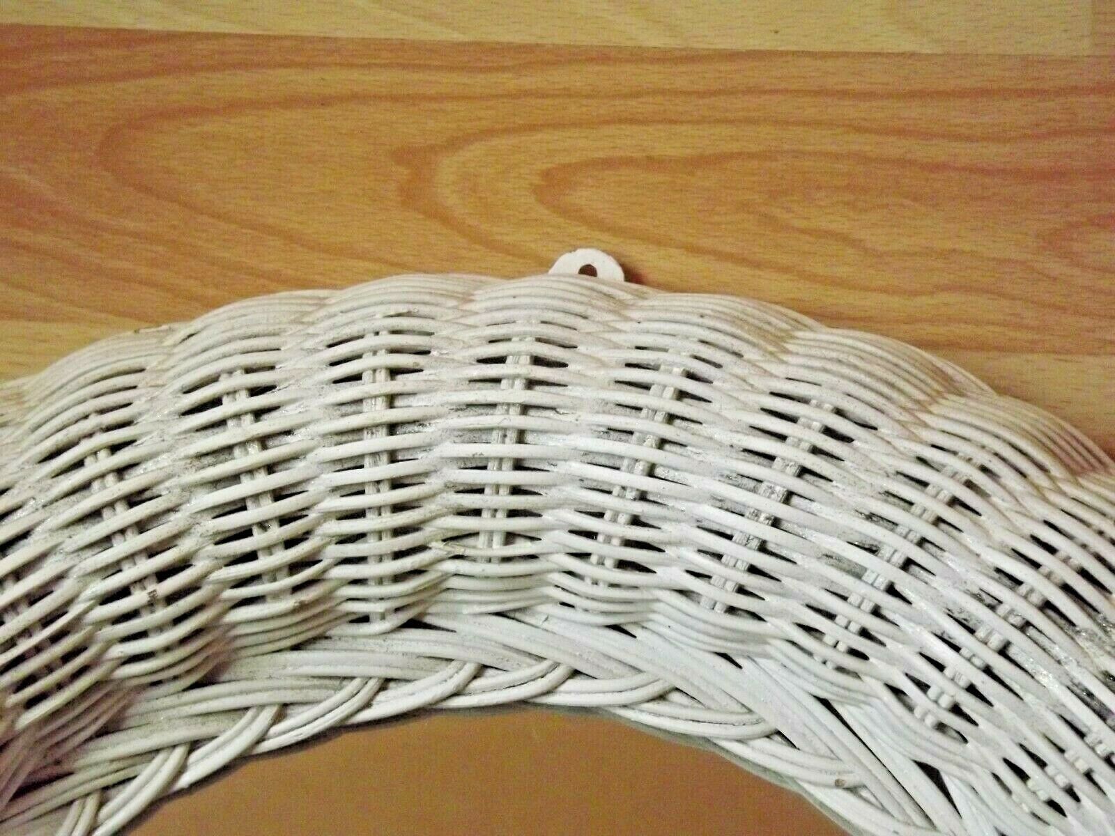Vintage French White Oval Rattan Mirror Plywood Back Hanging Hook.