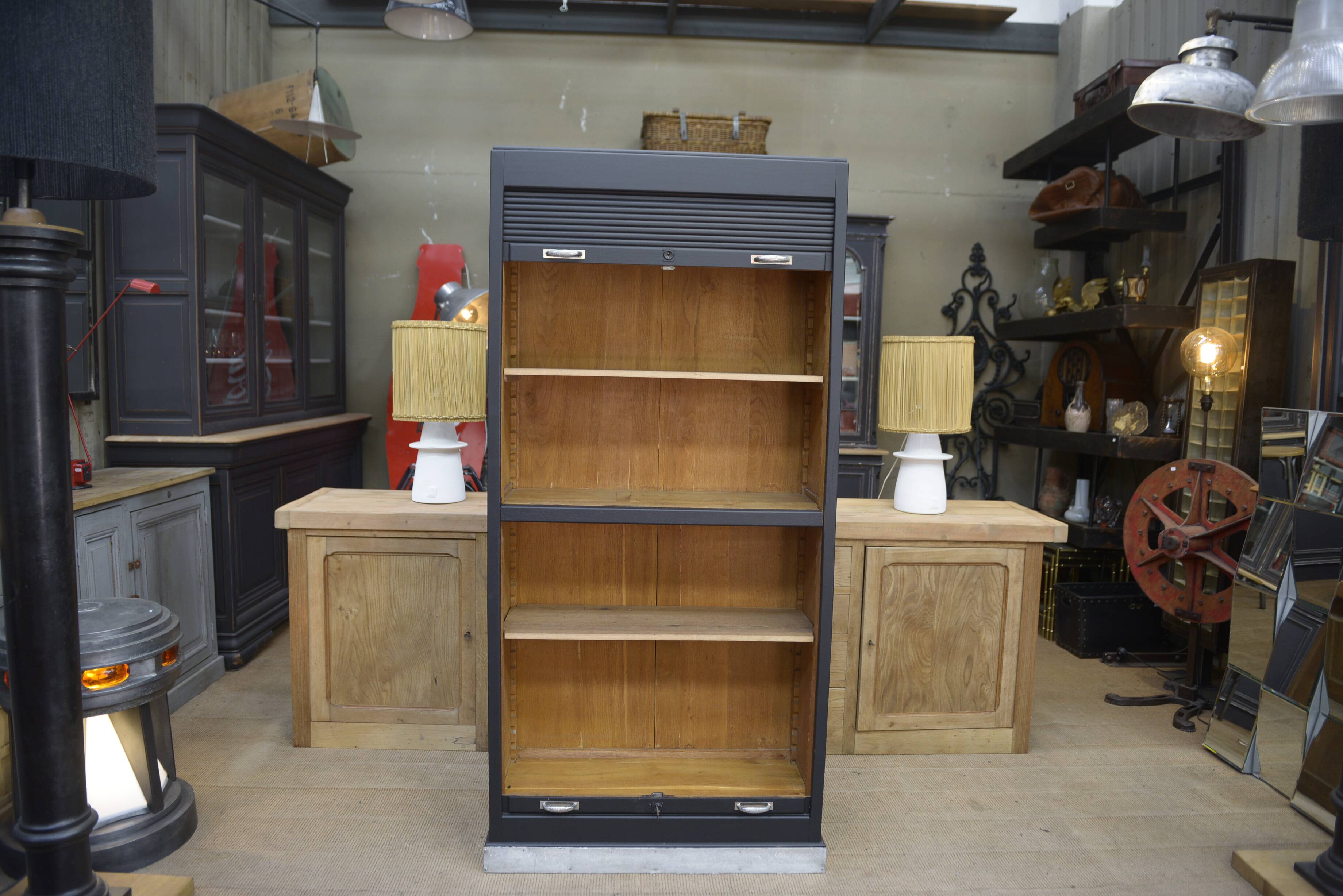 Solid oak shuttered wardrobe, anthracite grey, French work circa 1950