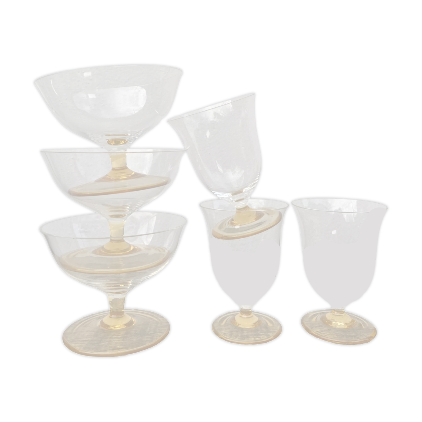 6 antique yellow crystal stemmed glasses and cups