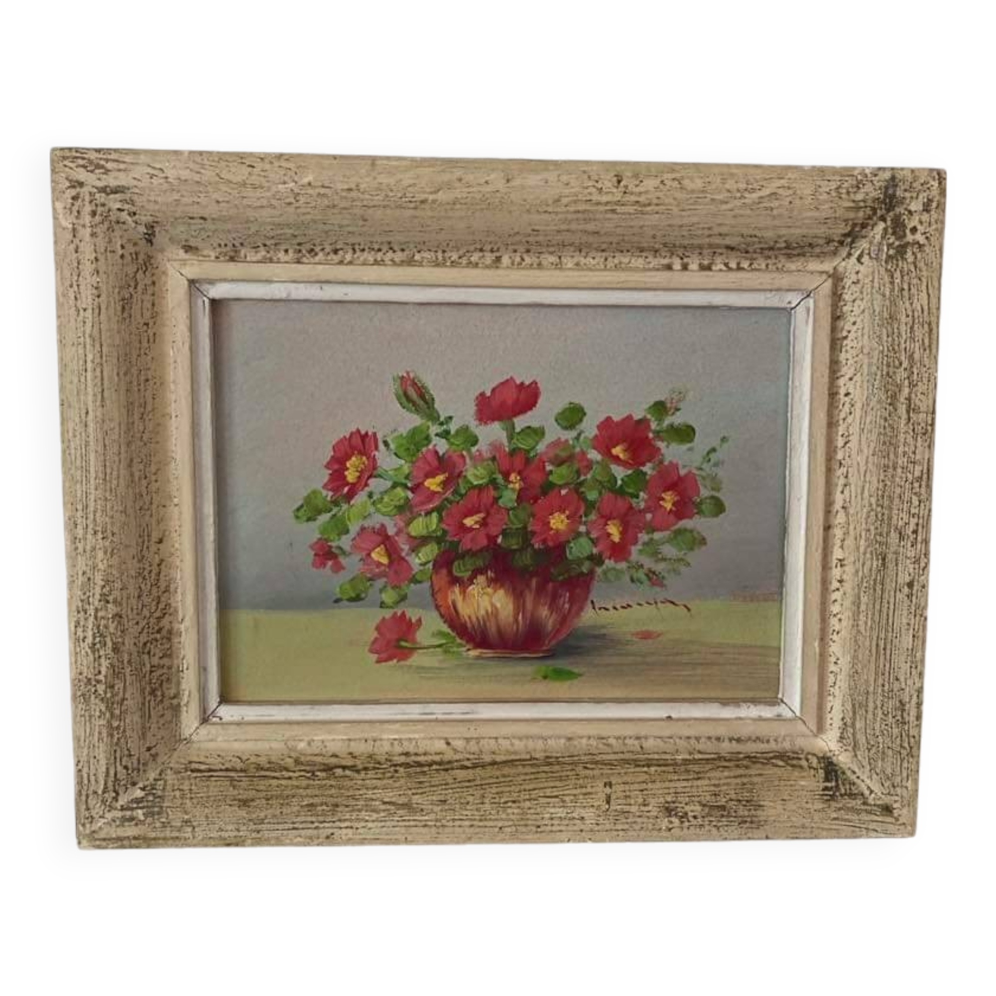 Painting red wild flowers in a vase.