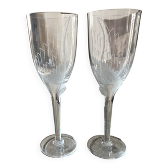 Set of two champagne glasses, crystal, Lalique France, angel model.