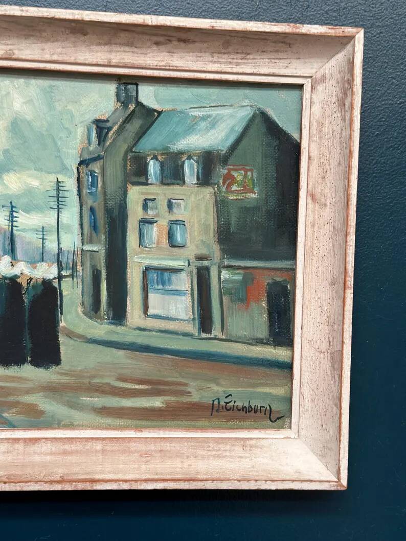 Original Swedish Oil on Panel – "Figures in the Street" by R. Eichburn – Signed – Dated 1936 – Framed – 47 × 39 cm (18.5" × 15.4")