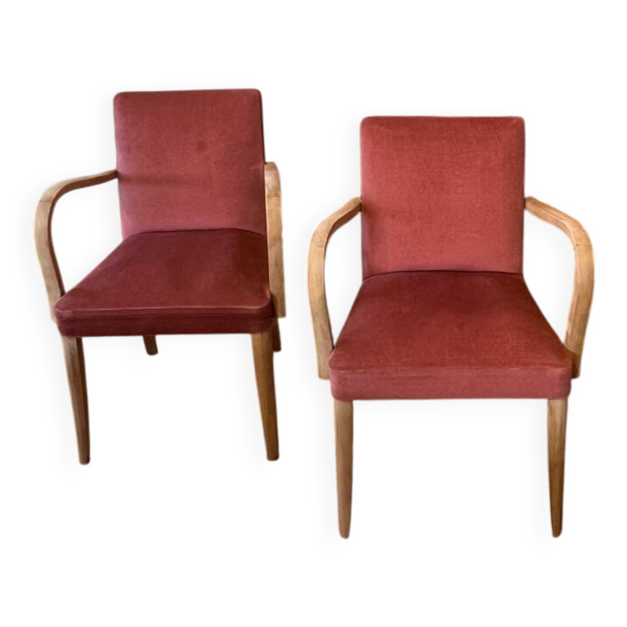 Pair of vintage bridge armchairs in solid raw wood and old pink