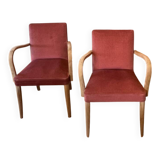 Paire de fauteuils bridge vintage en bois massif brut et vieux rose