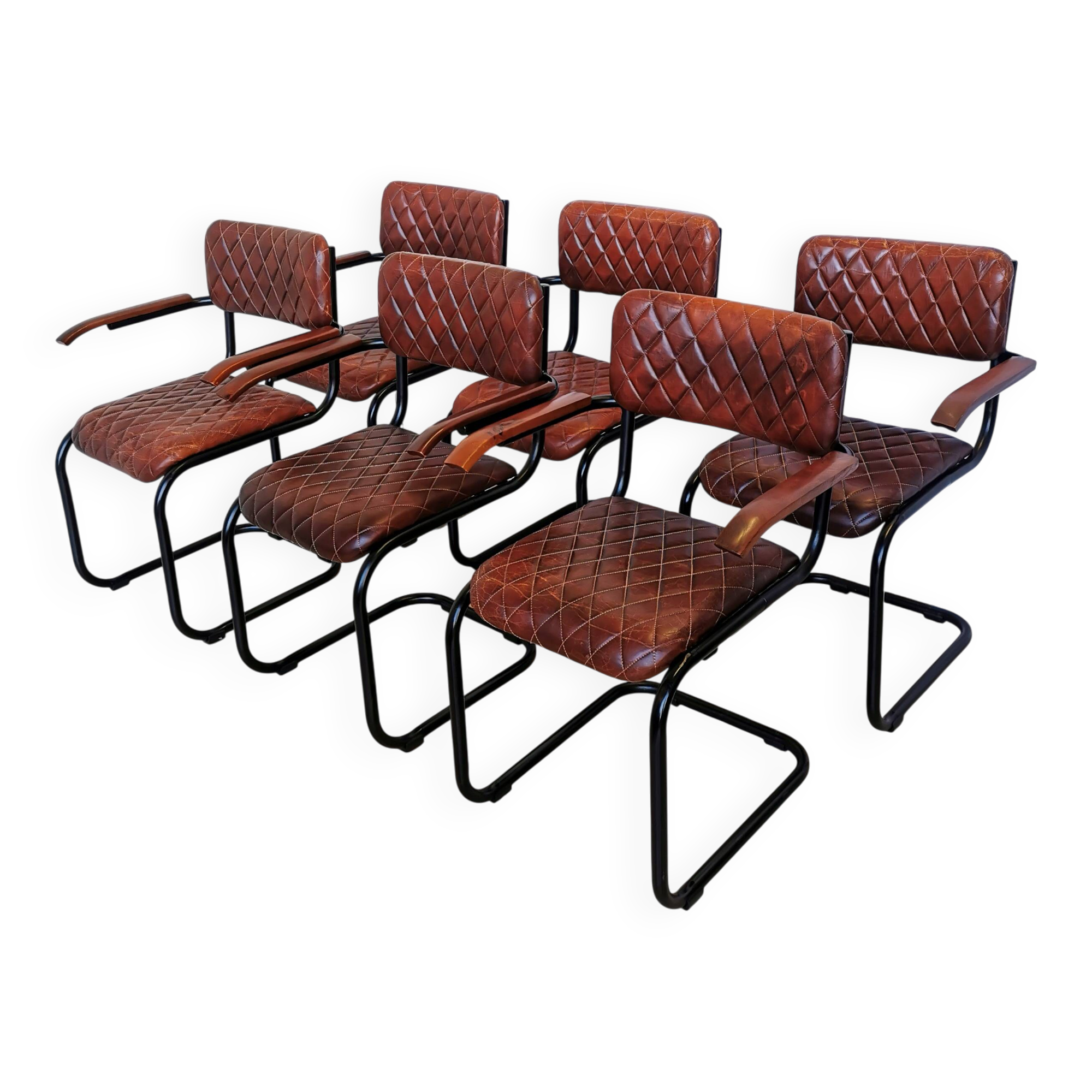 Set of 6 Vintage Cognac Leather Dining Chairs: Quilted Industrial Armchair