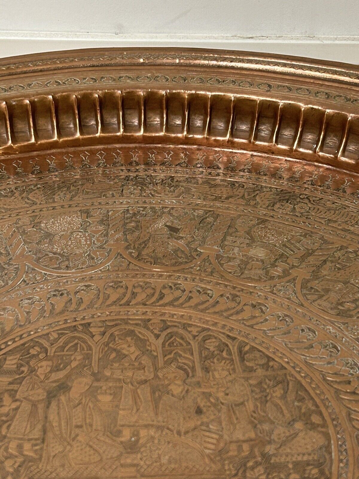 Large ancient copper tray, engraved Persia, offering scenes, vintage ethnic