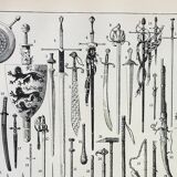 Old engraving 1898, Ancient weapons, sword, pistol, knife • Lithograph, Original plate
