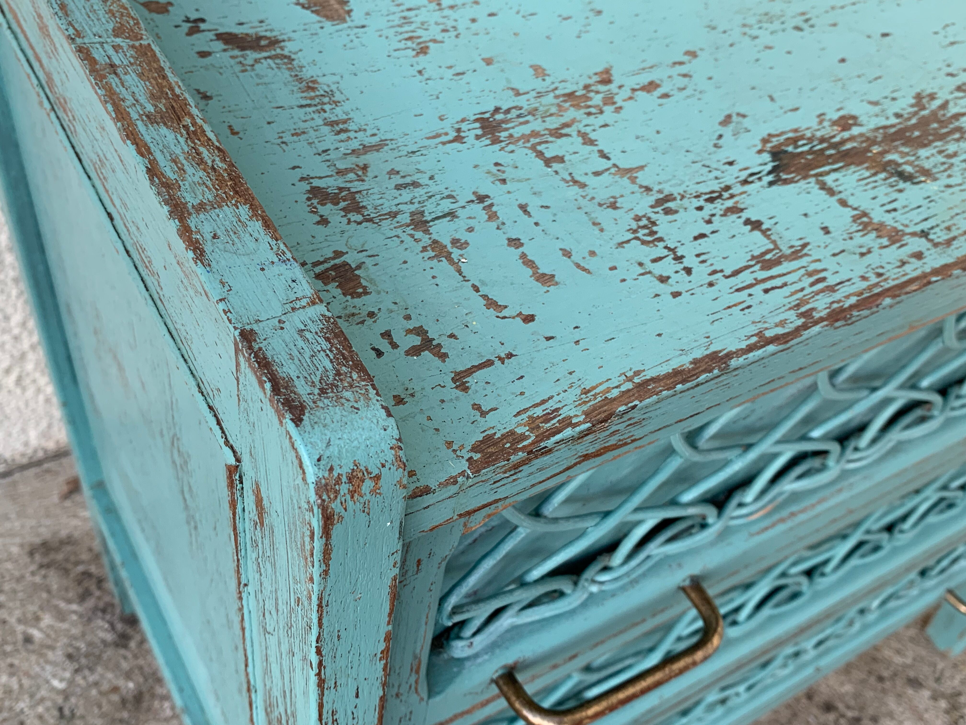 Vintage chest of drawers wood and rattan patina turquoise 1950