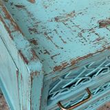 Vintage chest of drawers wood and rattan patina turquoise 1950