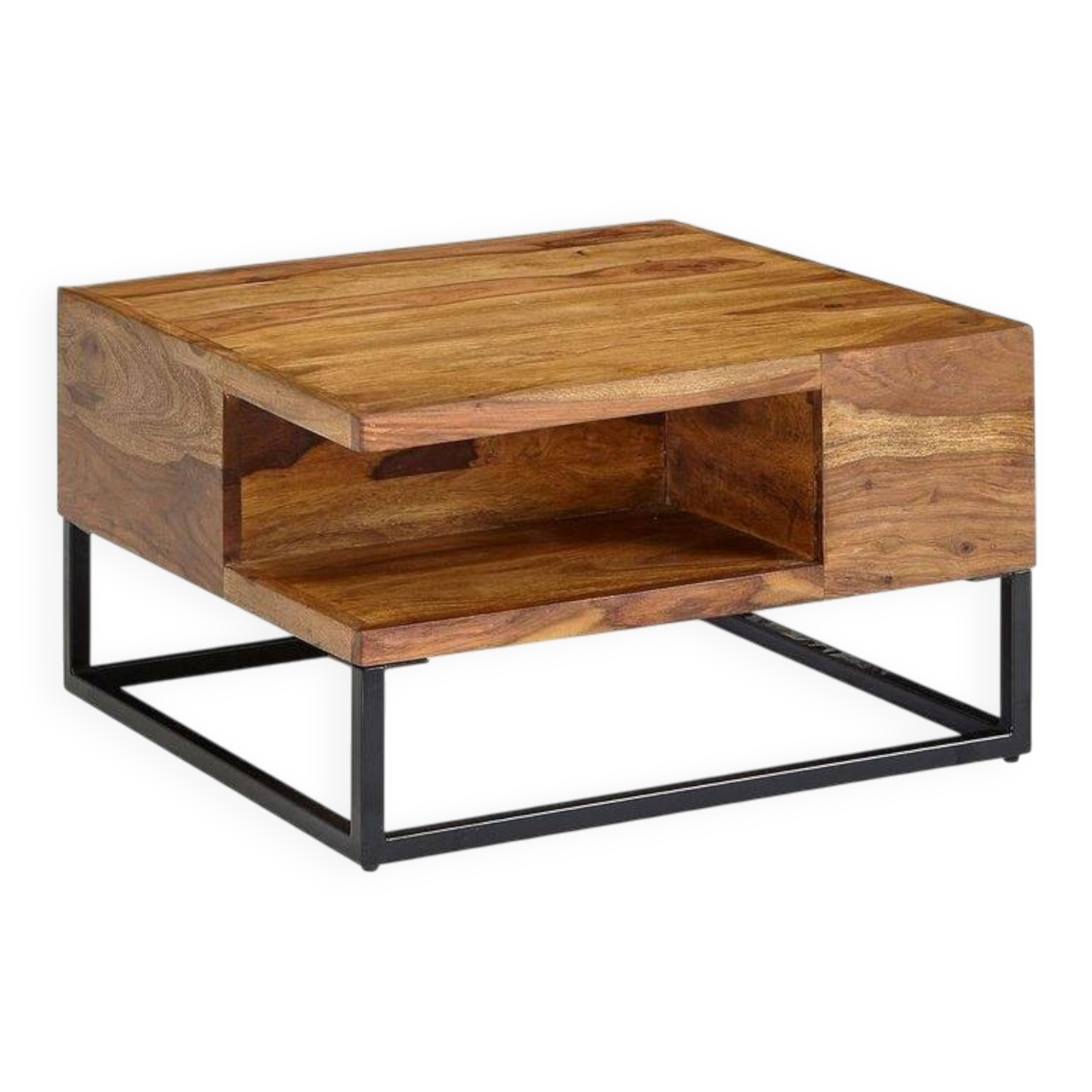 Handcrafted Sheesham Wood Coffee Table – 60x60 cm – Industrial Design with Storage Compartment – Black Steel Legs