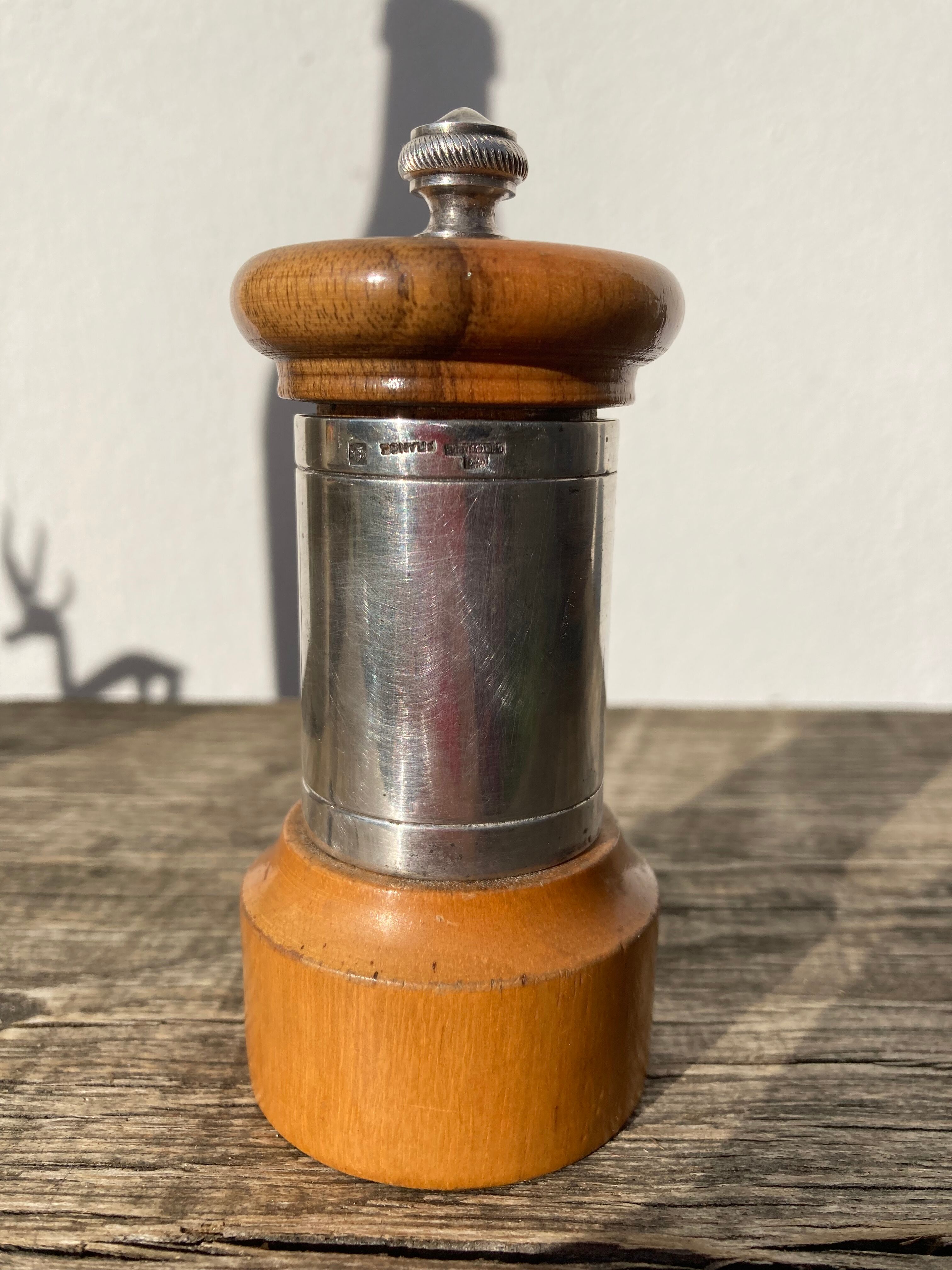 Peugeot pepper tree for Christofle in silver metal and vintage wood