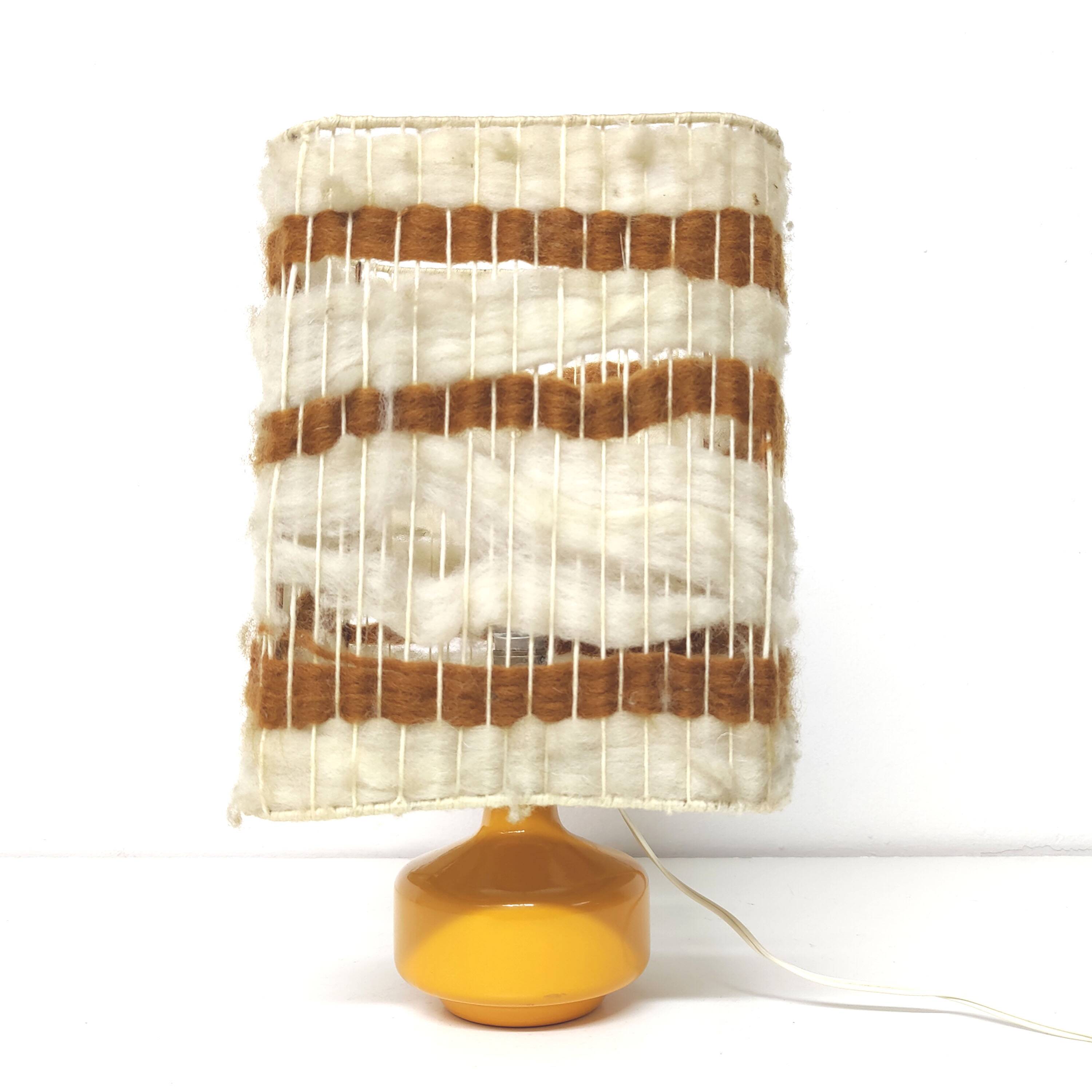 Orange ceramic lamp with vintage wool lampshade from the 70s