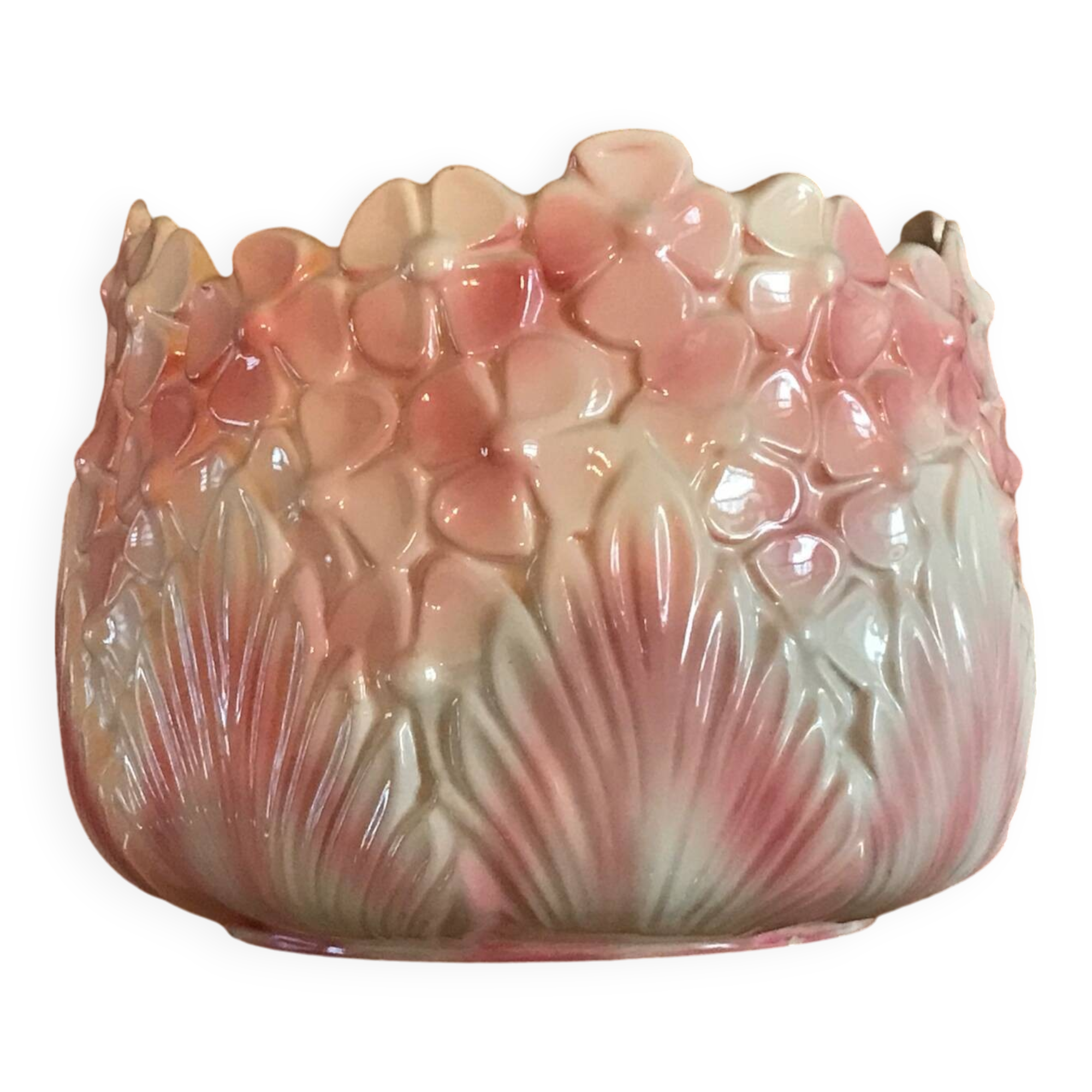 Old vintage pink and white hydrangea-shaped CLF cache pot