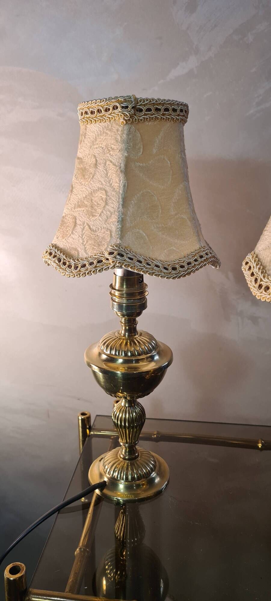 Pair of brass bedside lamp, with pretty velvet lampshade 31x14