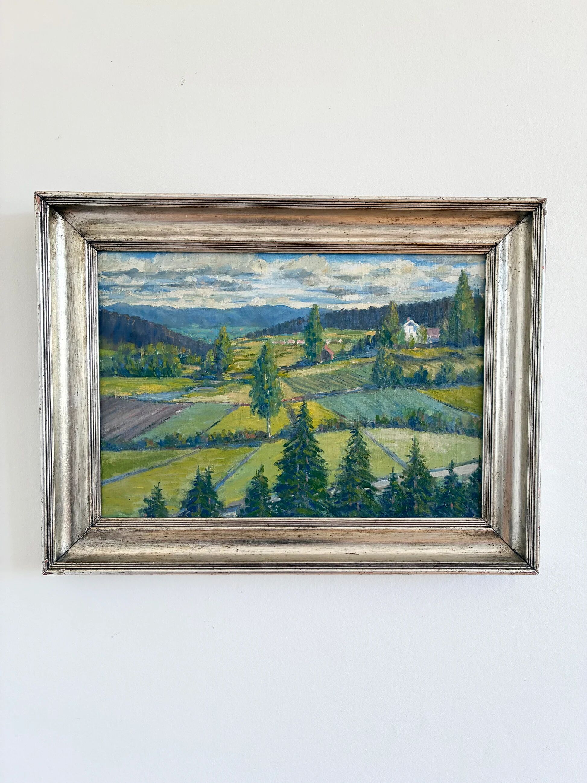 Peinture à l'huile vintage originale de paysage, art de la campagne