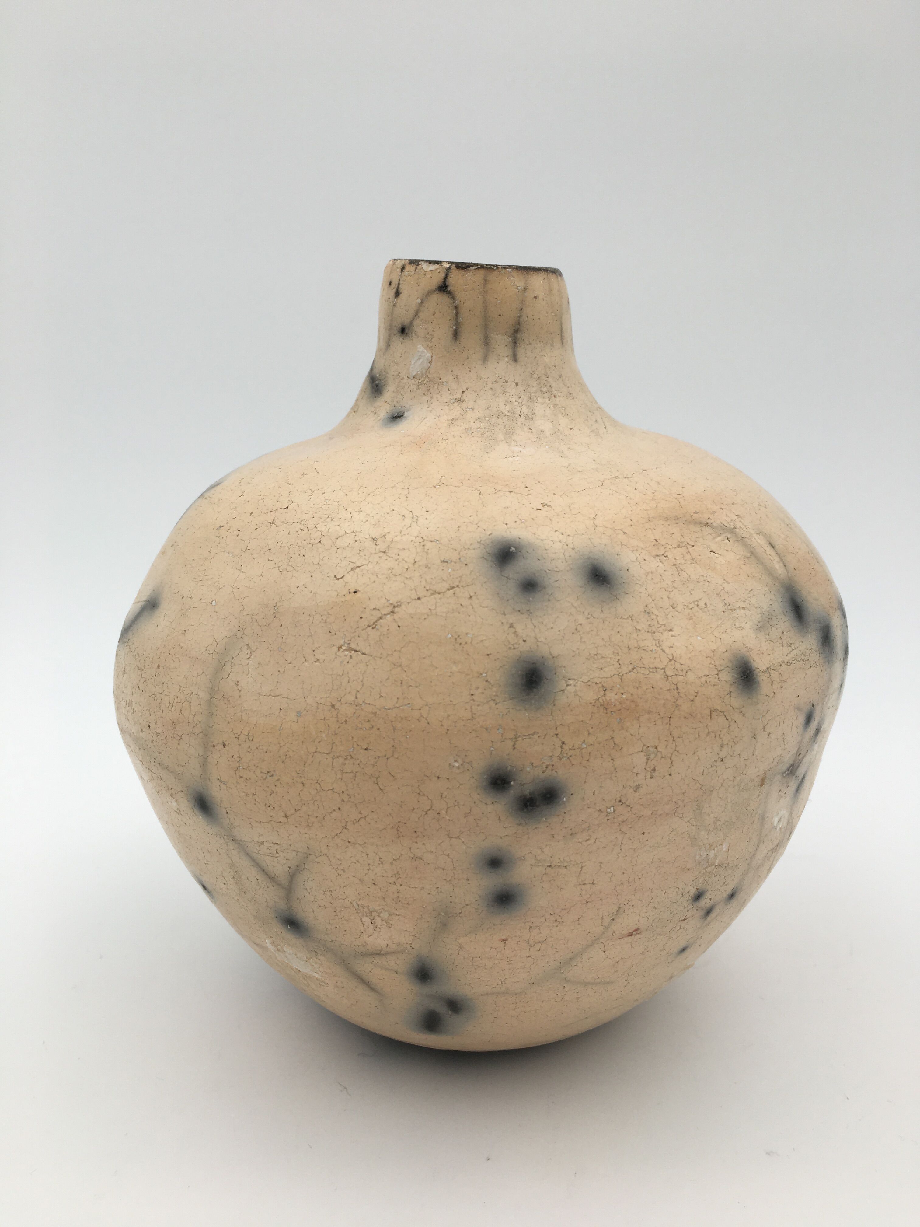 Raku ball vase, beige and black 20th century