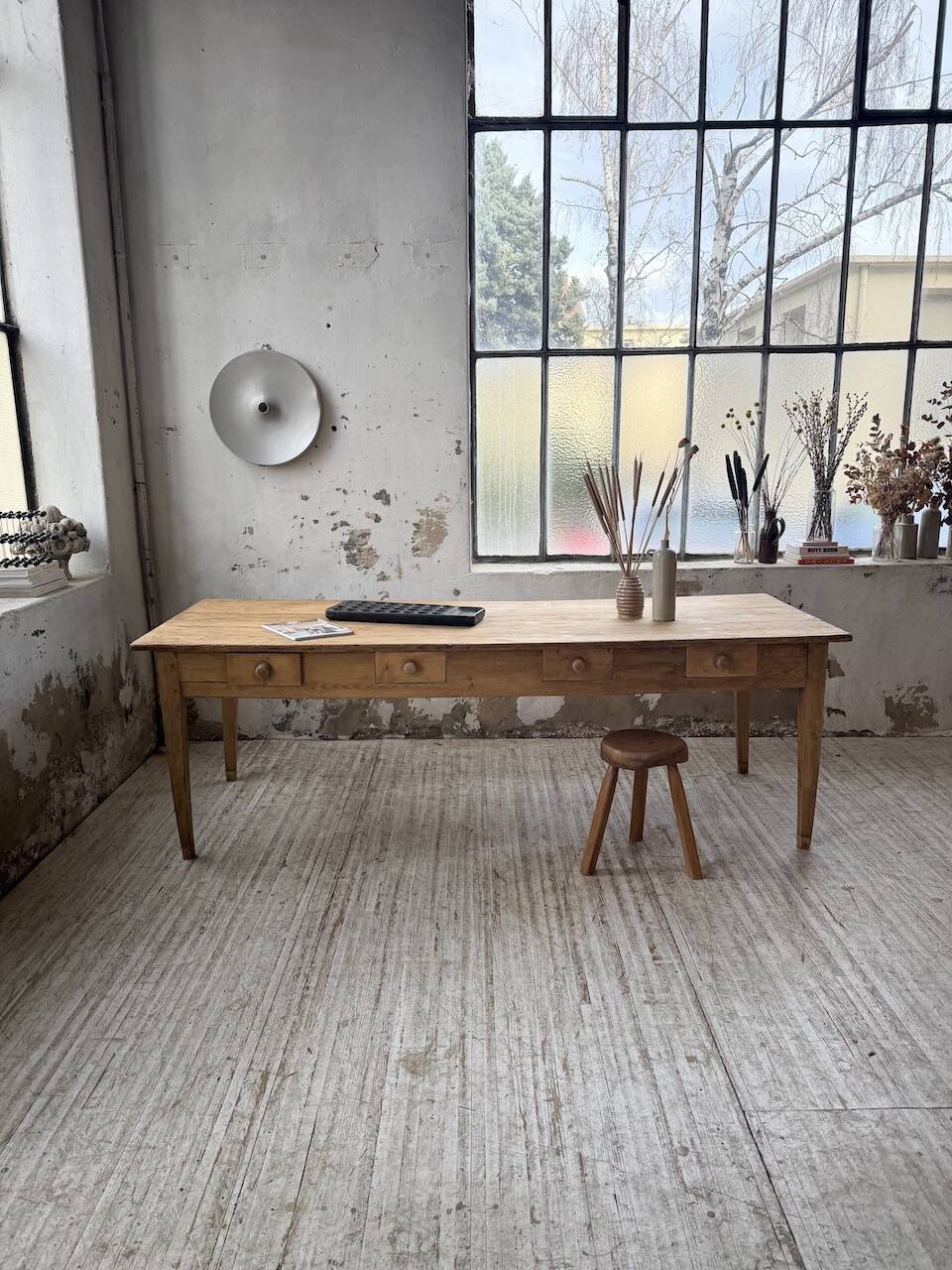 Pine and oak farmhouse table with multiple drawers, communal type, 240cm.