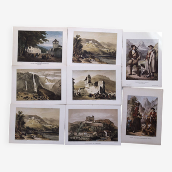 Set 7 lithograph pyrenees luz bagneres gavarnie lourdes st bertrand comminges ossau isard berger