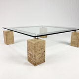 Glass and travertine coffee table by Piero De Longhi for Catalan Italia, 1980s